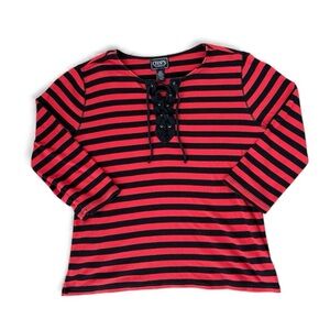 Chaps Classic Striped Red Black Laceup Top 100% Cotton